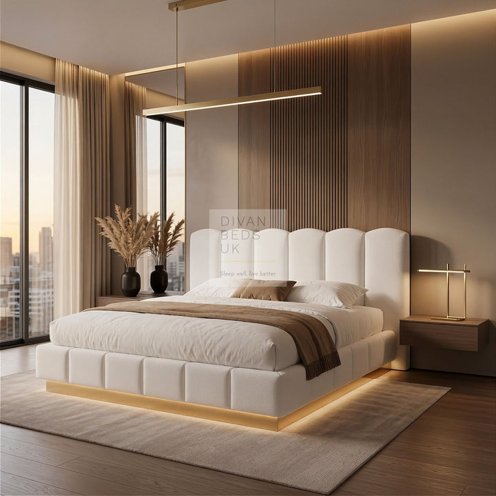 Paloma Oversized Headboard White Boucle Teddy Ottoman Storage Bed with LED Lights