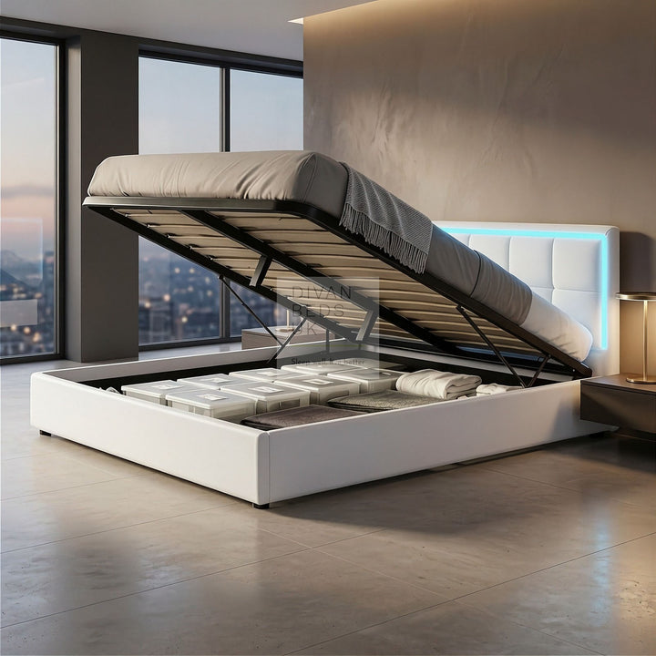 Hiley LED White Leather Ottoman Gas Lift Storage Bed Frame