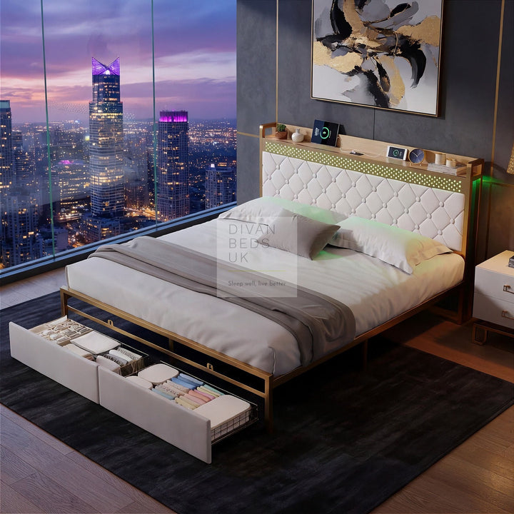 Arellano Winged Biege Velvet LED Metal Smart Bed with 2 Drawers USB, Type-C Charging Storage Headboard Shelf