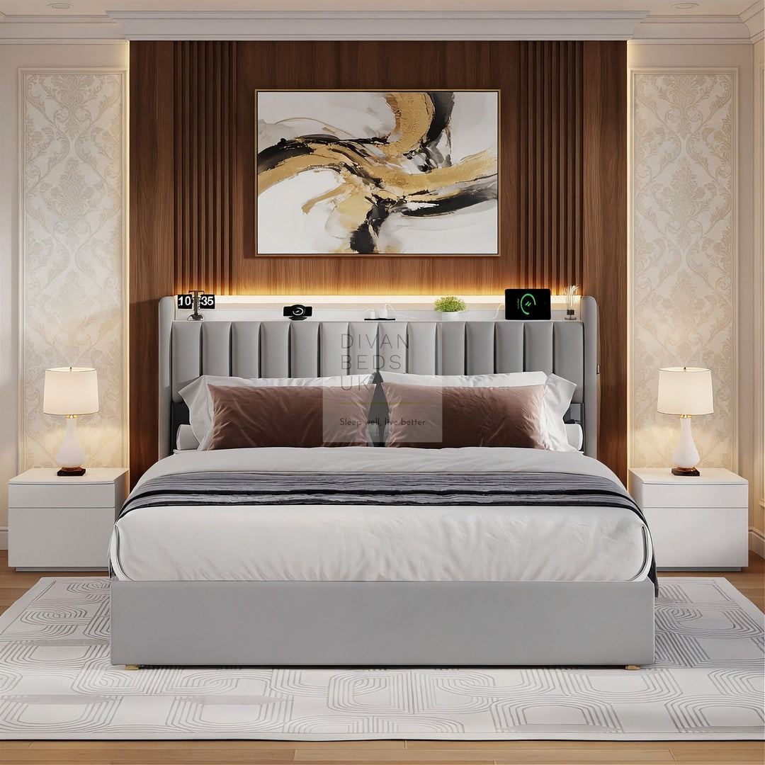 Mauricio Grey Leather Ottoman Smart Bed with LED Headboard Storage Charging Station, Socket, USB and Type C Port