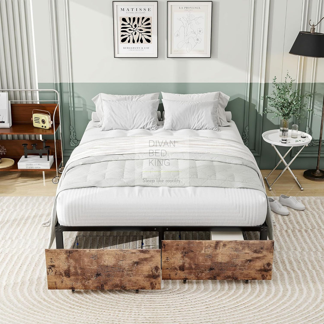 Horatio Metal Divan Bed Rustic Wood with 2 End Drawers and Underbed Storage Space