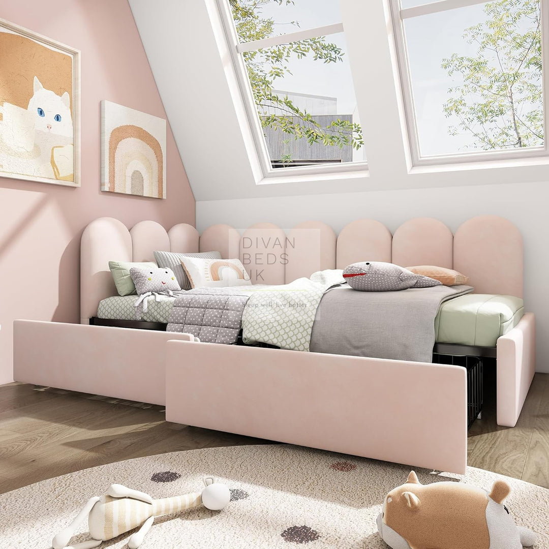 Novara Pink Plush Velvet 2 Drawer Corner 2 Seater Daybed Sofa Bed Couch