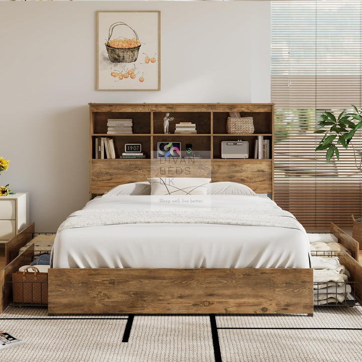 Aubriella Rustic Oak Style Wooden Smart Bed with 4 Drawers, Power Outlets and USB Ports & Shelves