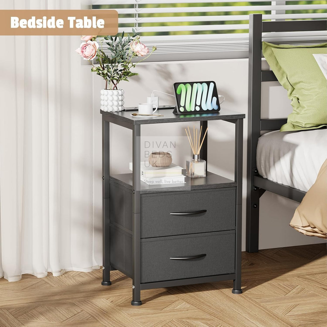 Henry 2 Drawer Black Wood and Metal Smart Bedside Table with Shelf