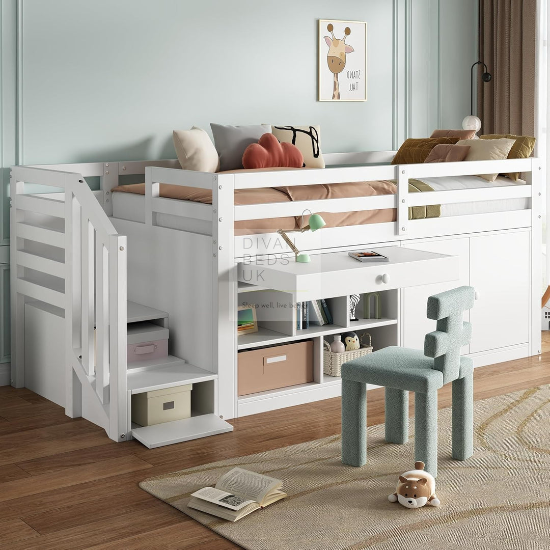 Vicenza Wooden Mid Sleeper Cabin Bunk Kids Bed with Integrated Desk, 2 Drawers, Ladder and Stair Access