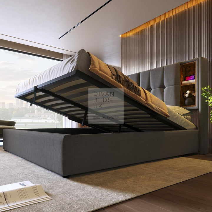 Guevara Grey Linen Ottoman Storage Bed with Type C, USB & Wireless Charging Headboard Shelves
