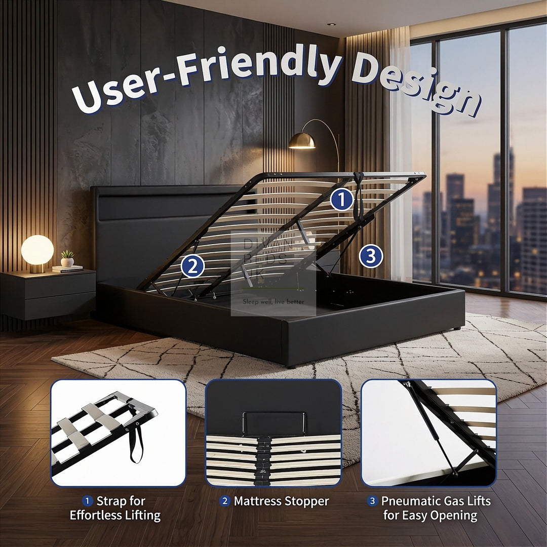 Zena LED Black Leather Ottoman Gas Lift Storage Smart Bed