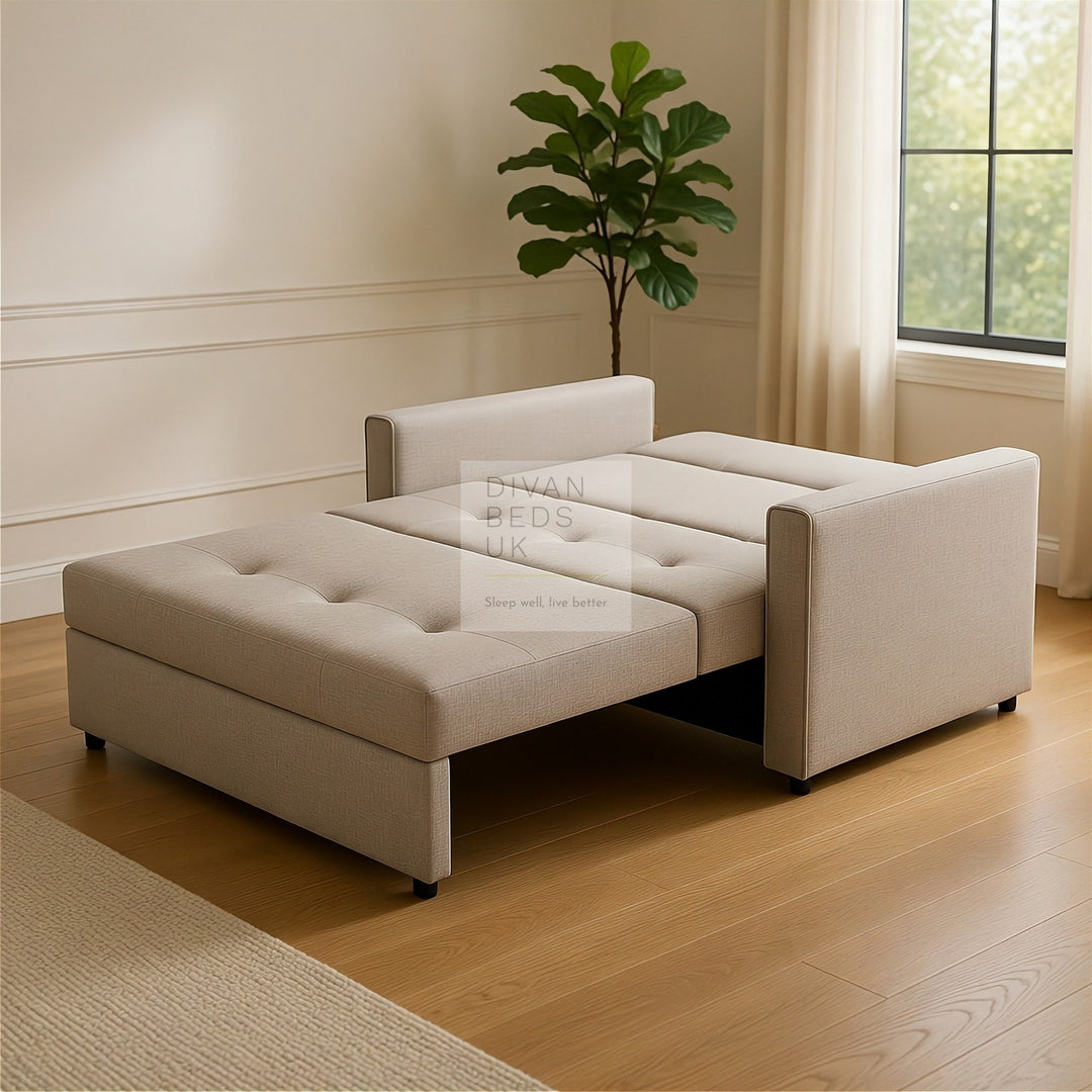 Salerno Beige Cotton 3 in 1 Sofa Bed 2 Seater with Storage