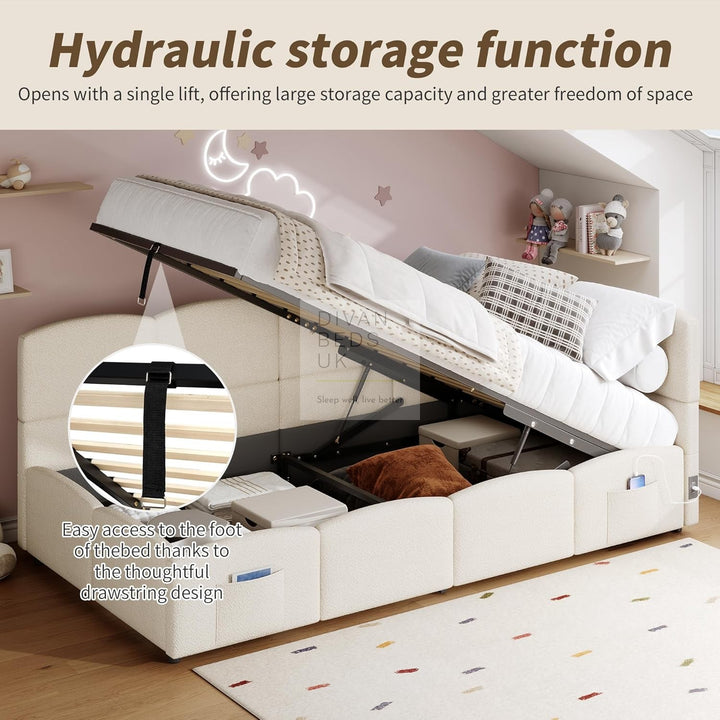 Amaia Beige Boucle Teddy Fabric Smart Ottoman Storage Daybed Sofa Bed Couch with Charging Station, USB & Type C Ports