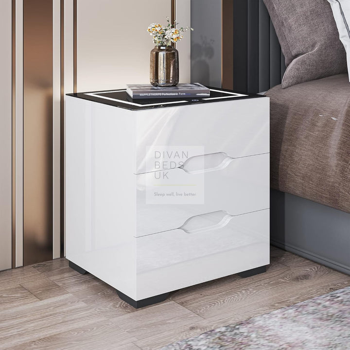 Barrera 3 Drawer White High Gloss Smart LED Bedside Table with USB and Wireless Charging