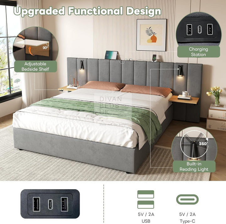Allegra Oversized Headboard Grey Ottoman Storage Bed with Integrated Bedside Shelves, Power Outlets, USB & Type C Ports