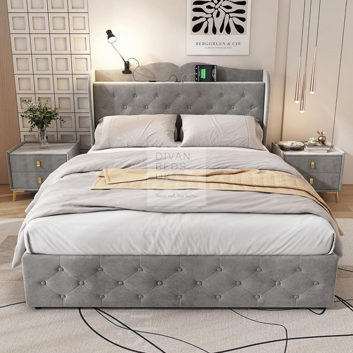 Kendra Grey Velvet Smart Wingback Bed with 4 Drawer Storage with Charging Station USB / Type C & Lamp on Headboard Storage Shelf
