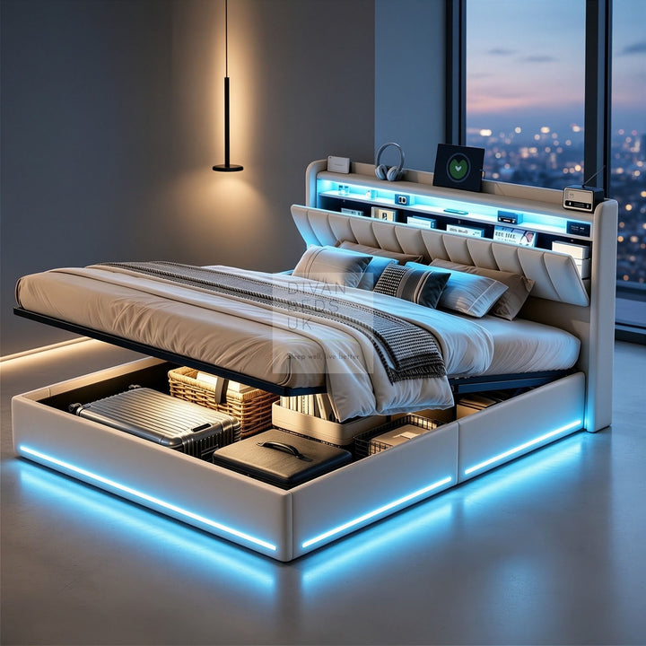 Kairi LED Beige Velvet Ottoman Storage Smart Bed with USB Type C Charging Station on Headboard Storage Shelf