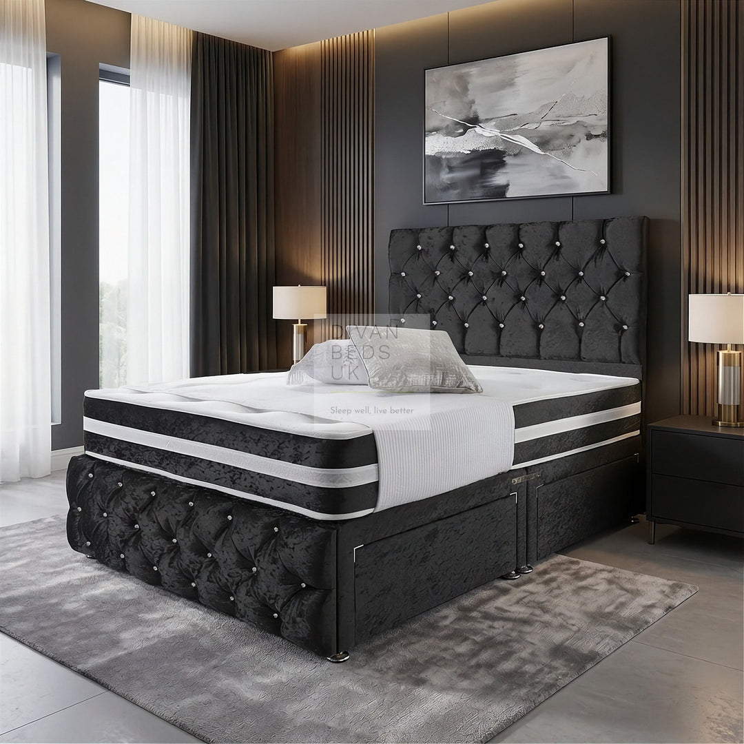 Orlando Black Crushed Velvet Divan with Airflow Spring Memory Mattress