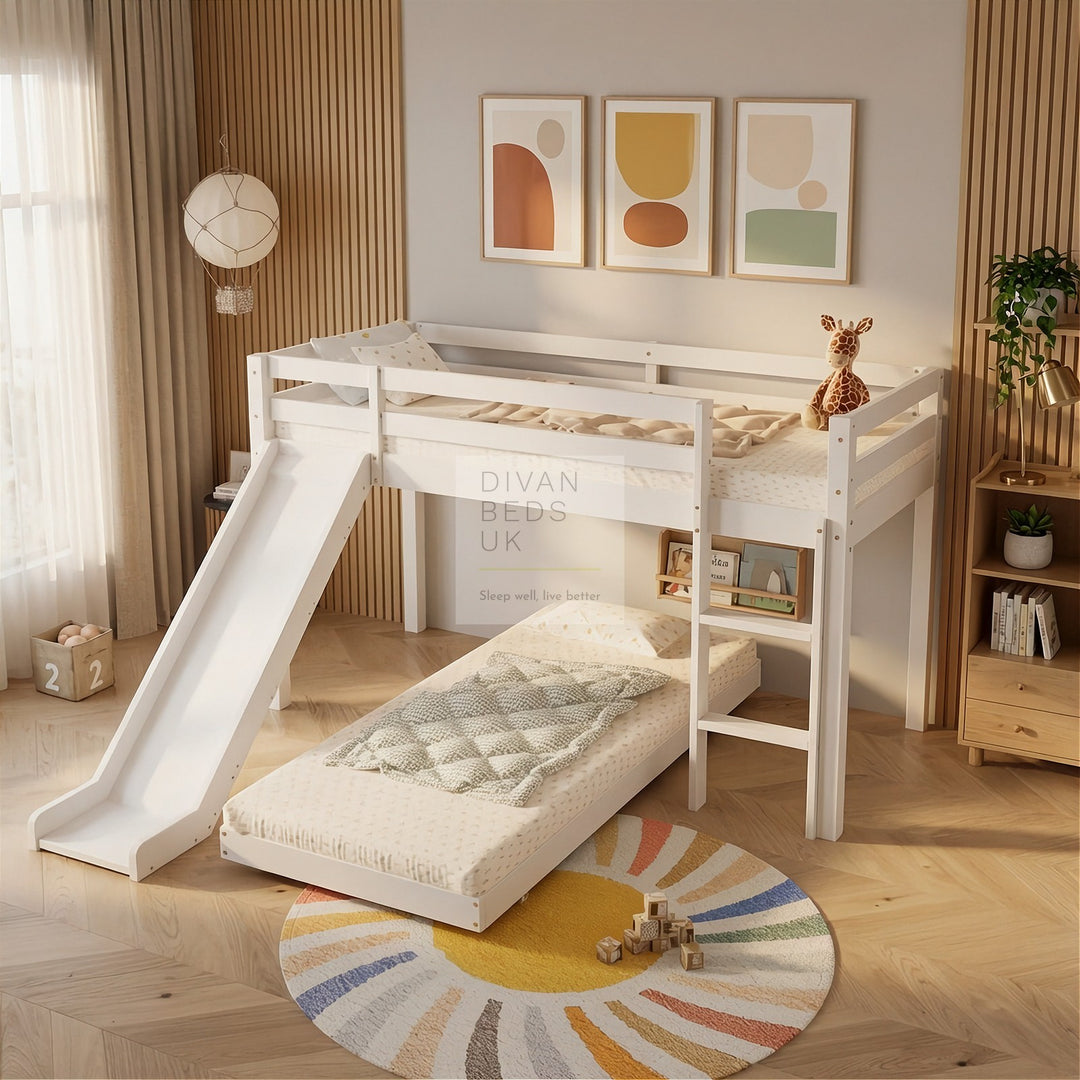 Jefferson White Wooden Bunk Bed Midsleeper with Slide and Adjustable Trundle