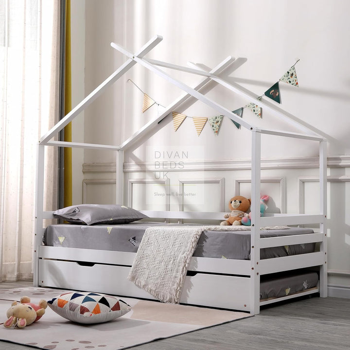 Cabrera White Wooden Treehouse Canopy Bed with Trundle Option Childs Kids