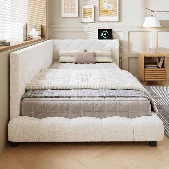 Imani Kids Soft Boucle Beige Fabric Low Smart Sofa Bed with USB & Type C Charging Station