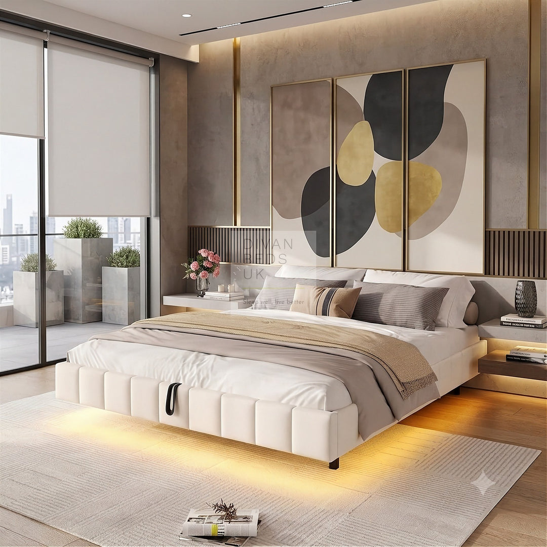 Carrillo Floating Style Smart LED Beige Linen Ottoman Gas Lift Storage Bed Base