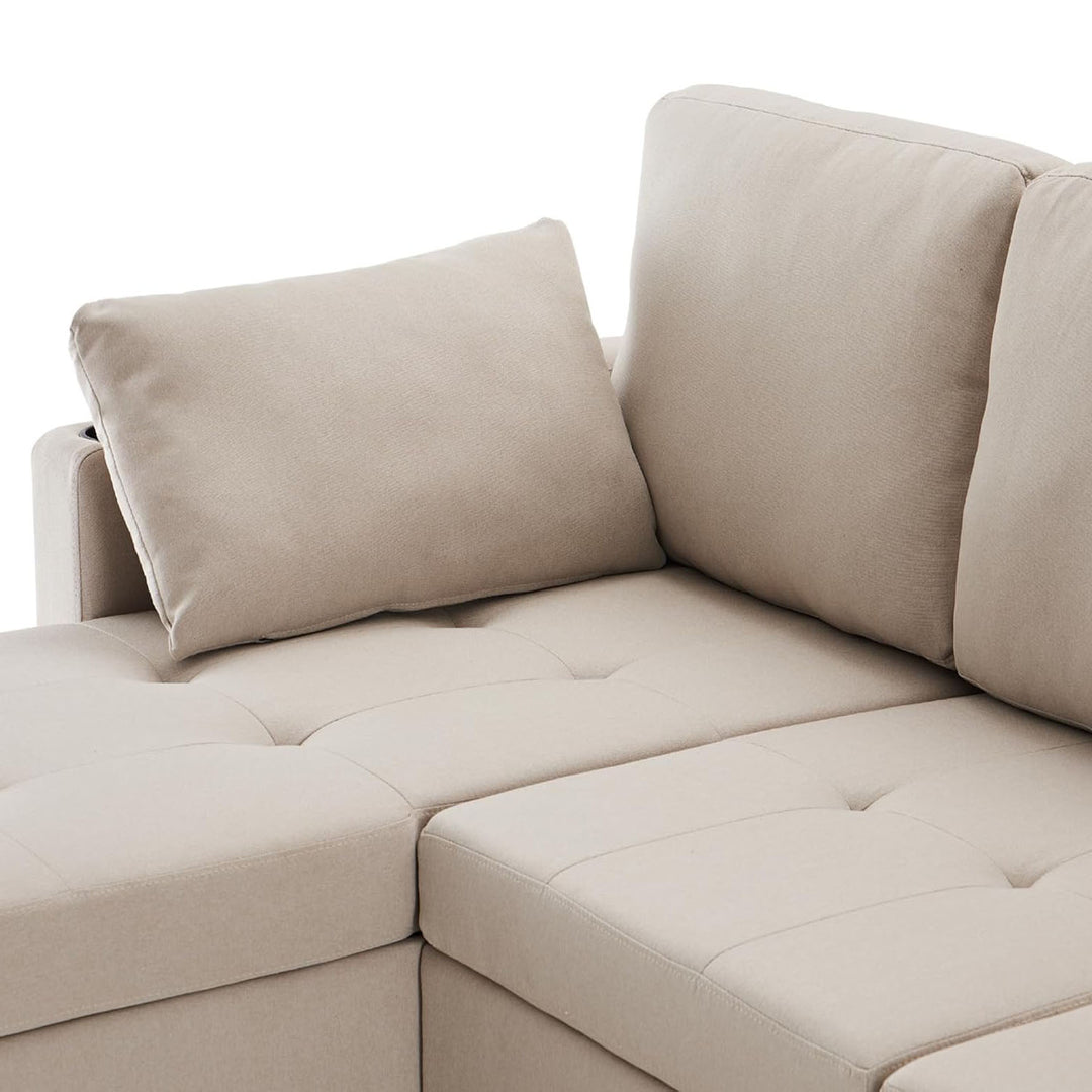 Downtown Beige Linen 4 Seater Ottoman Storage Corner Sofa Bed with Trundle
