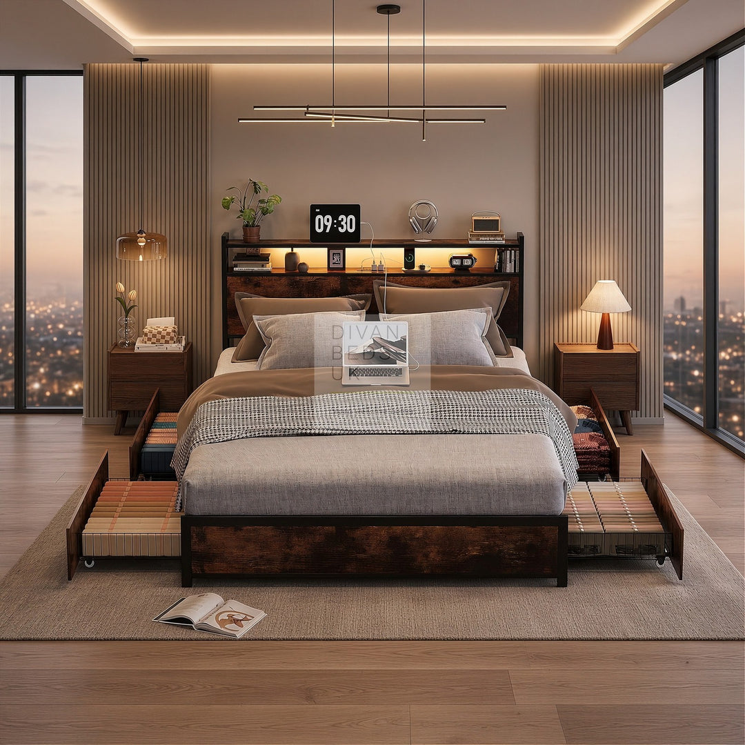 Henry Metal Wooden Hybrid Brown Bed with 4 Drawers with Headboard, LED Reading Lights, Sockets, USB, Type C Charging