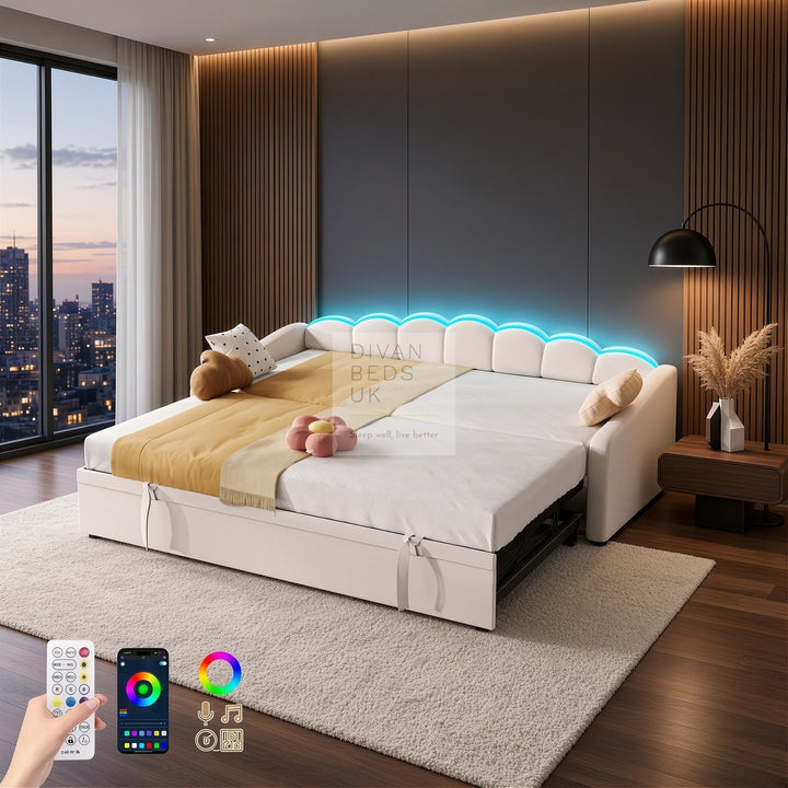 Elina Beige Plush Velvet Trundle Guest Sofa Bed with LED Lighting