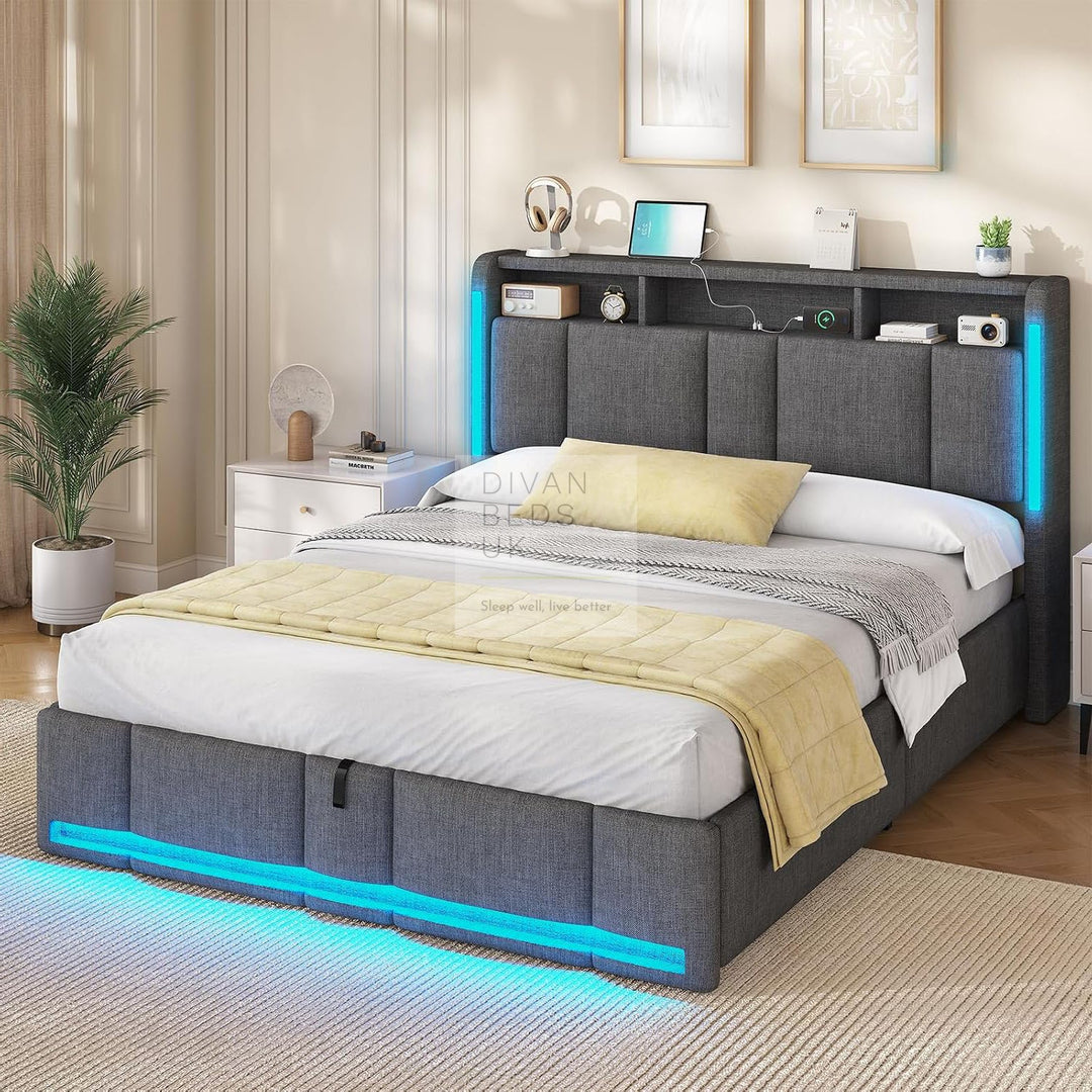 Castellano Grey Linen Ottoman Storage Bed with LED Lights, Type C and USB Charging Headboard Storage Shelf