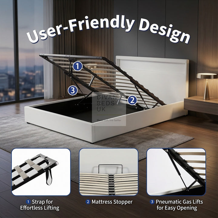Zena LED White Leather Ottoman Gas Lift Storage Smart Bed
