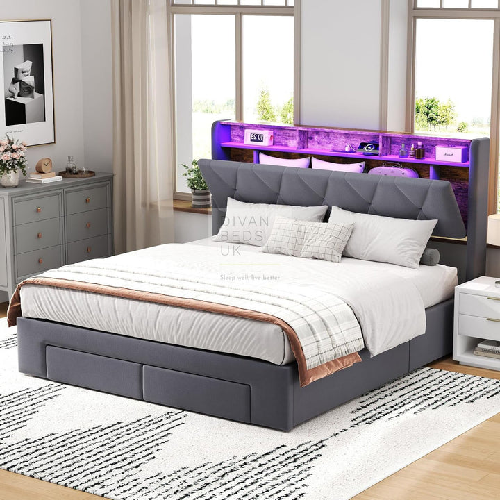 Velasquez Grey Plush Velvet Ottoman Storage Smart Bed with Type C, USB & Socket Charging Headboard Storage Shelves