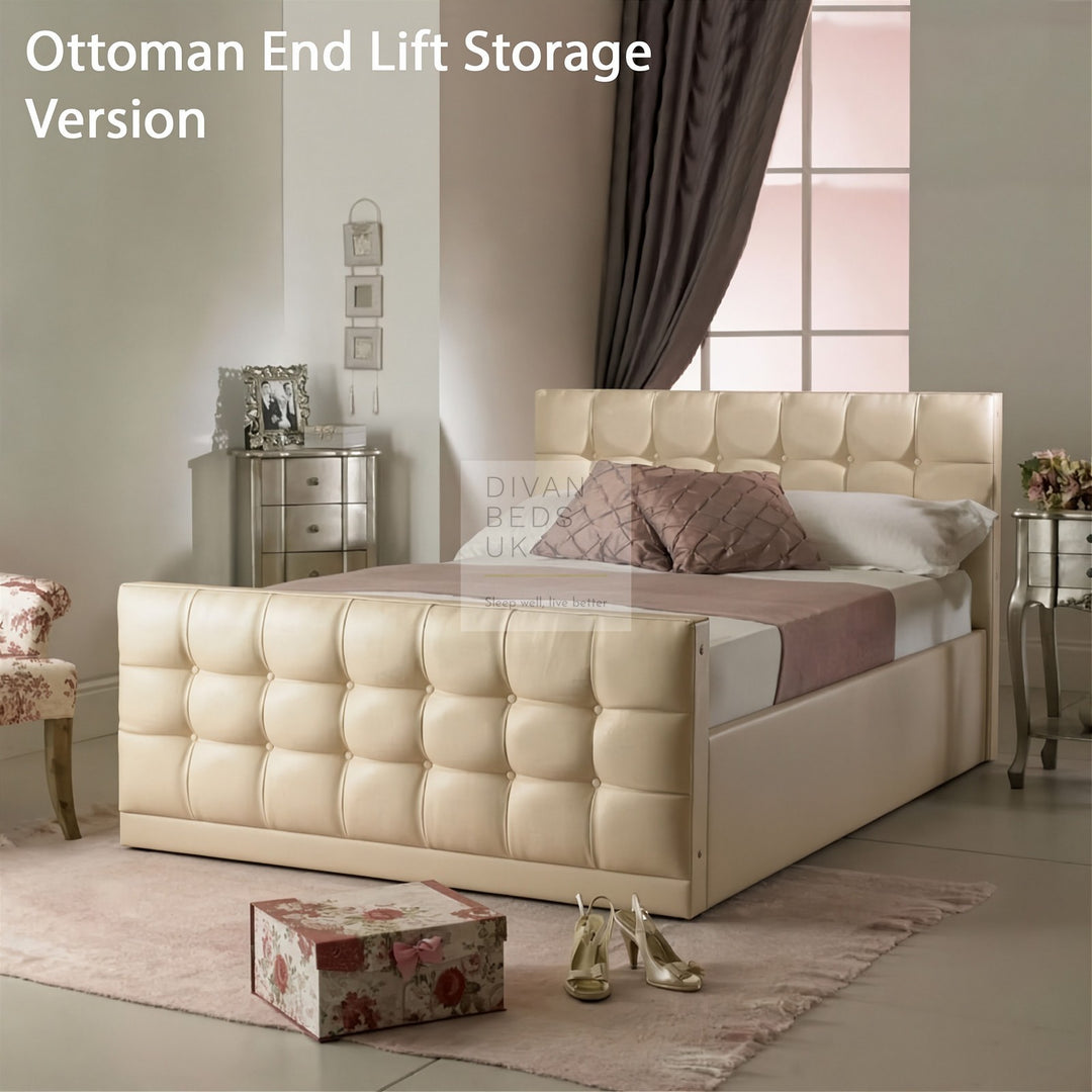 Gracelyn Cream Leather Buttoned Cube Bed Frame