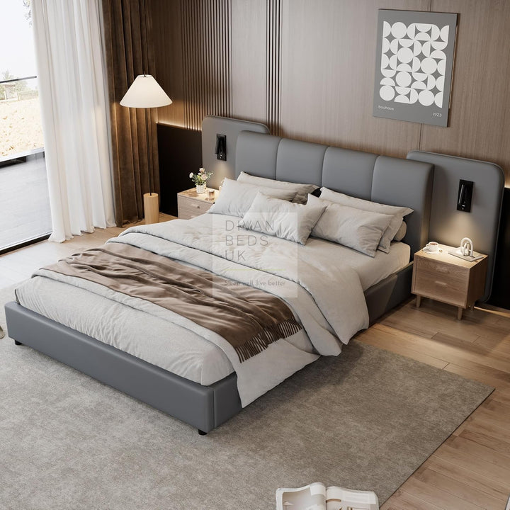 Monteleone Oversized Headboard Grey Leather Bed Frame with Integrated Lighting & USB Charging
