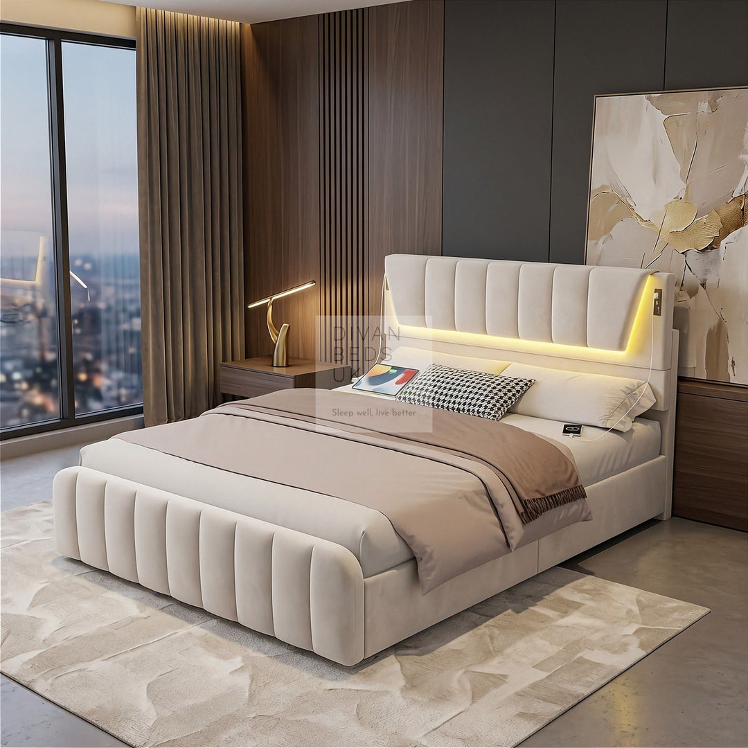 Kamari Ottoman Storage Beige Plush Velvet Smart Bed with with LED Lights, USB and Type-C Charging