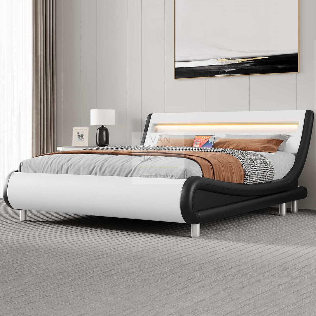 Volo Italian Modern LED White & Black Leather Bed with Power Outlet, USB & Type C Charging