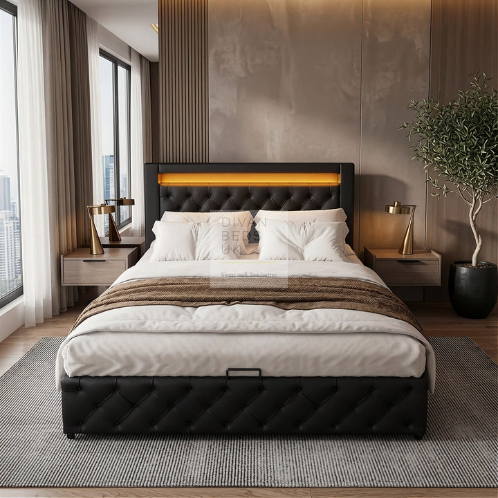 Santiago LED Black Leather Ottoman Storage Bed
