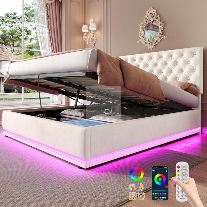 Clara White Beige Velvet Ottoman Storage Bed with Recessed LED Lighting & Adjustable Headboard