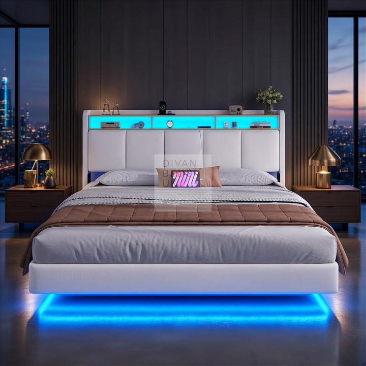 Houston Smart Metal Floating Bed with White Linen Padded Storage Headboard, LED Lights, Plug Sockets, USB &amp; Type C Charging Station
