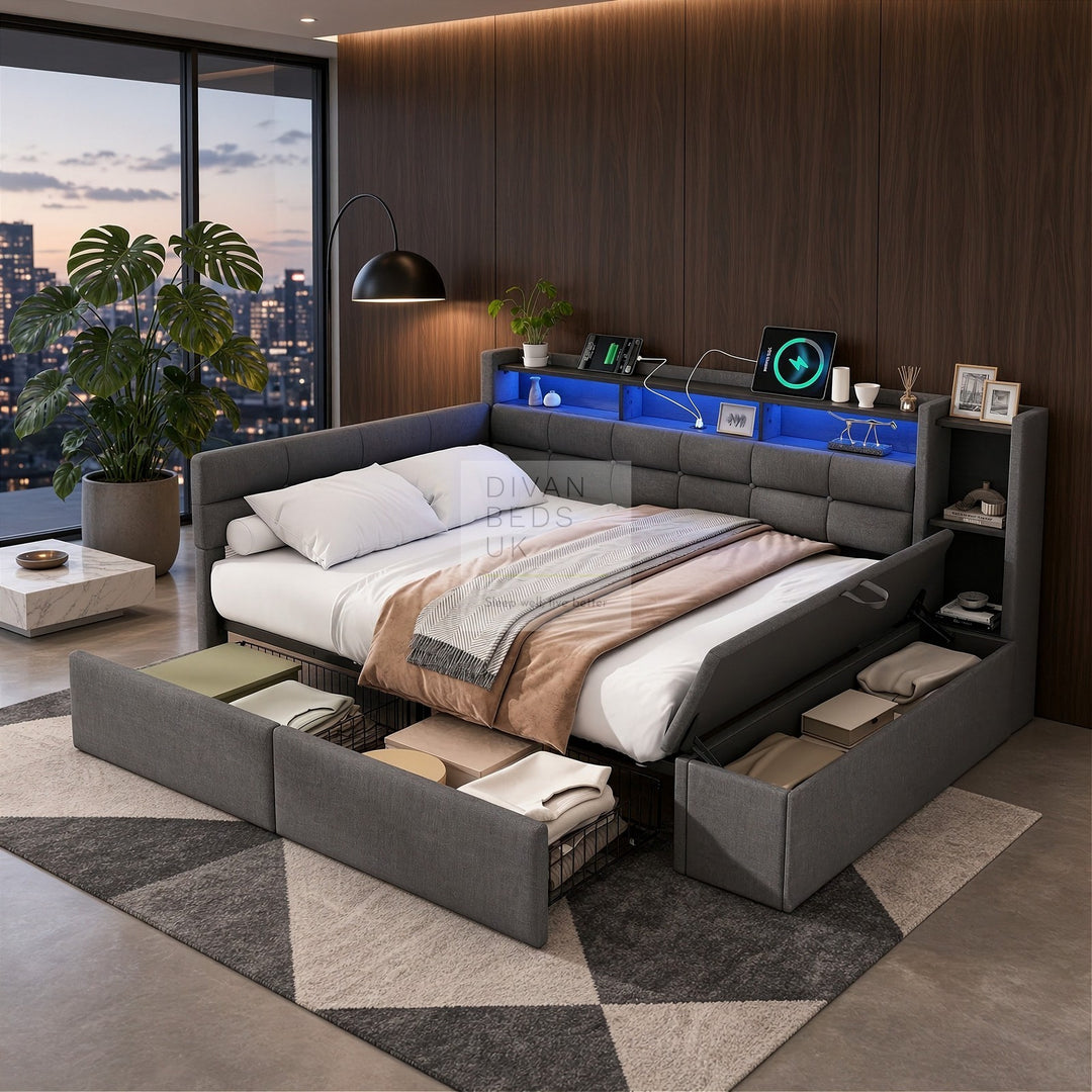 Avayah Grey Linen Smart Daybed Sofa Bed with 2 Drawers, LED Shelves Storage, USB &amp; Type C Charging Station &amp; Storage Box