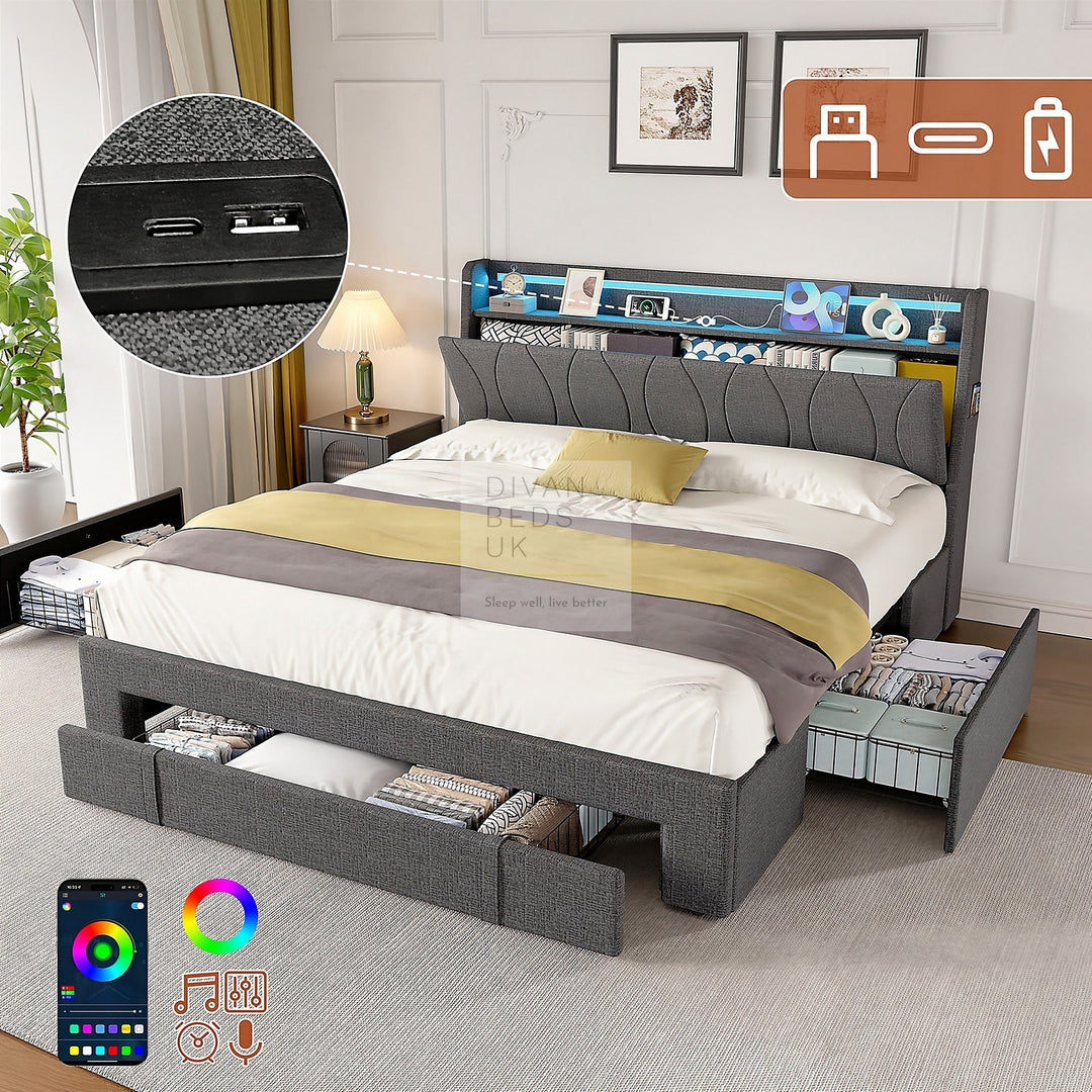 Emilio Wingback Grey Linen Smart Bed with 3 Drawer Storage, LED Lights, Charging Station USB, Type C on Headboard Storage Shelf