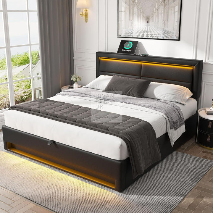 Iris Black Leather Smart Ottoman Bed with LED Lighting, Type C, USB and Wireless Charging