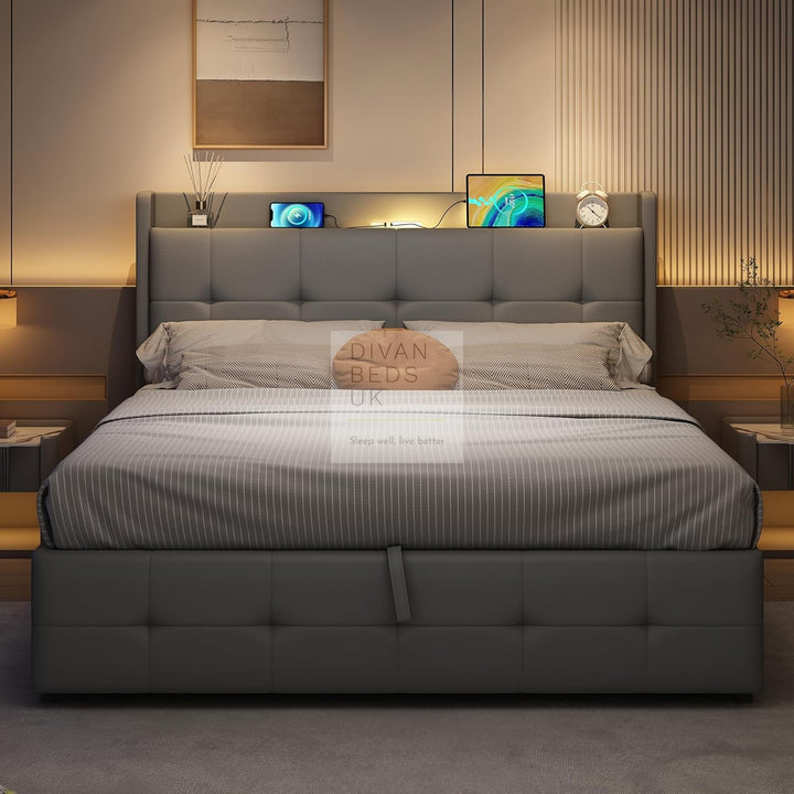 Serafina Grey Leather Ottoman Smart Bed with LED Headboard Storage Charging Station, USB, Type-C Ports