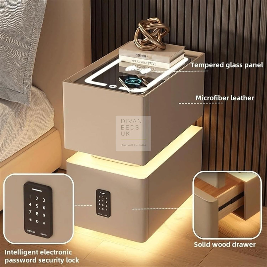 Lozano Khaki 2 Drawer Smart Bedside Table with Wireless Charging, LED and Password Protected Storage (Pre-Assembled)