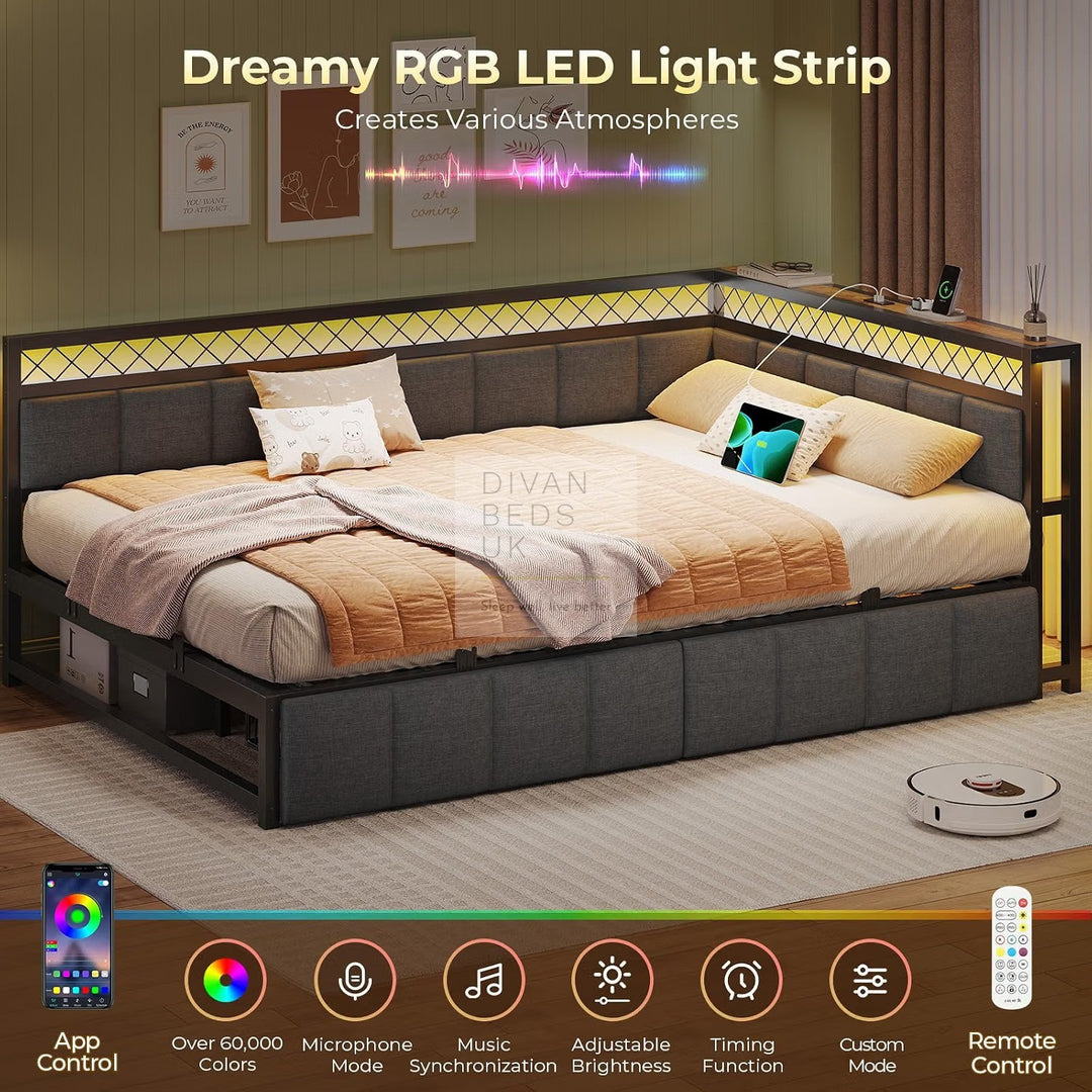 Giomani Grey Linen 2 Drawer Low Smart Sofa Bed Daybed with LED Lights, USB &amp; Type C Charging Station