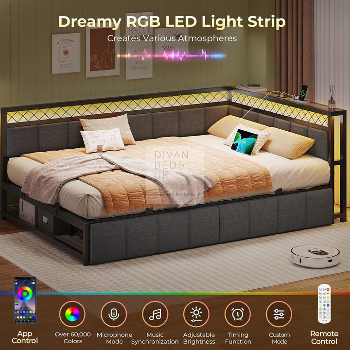 Giomani Grey Linen 2 Drawer Low Smart Sofa Bed Daybed with LED Lights, USB &amp; Type C Charging Station