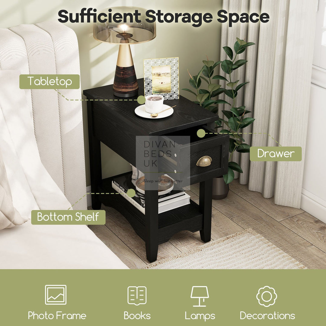 Reginald Black 1 Drawer Compact Bedside Table with Shelf