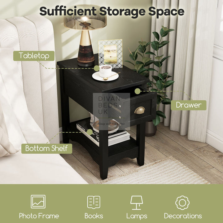 Reginald Black 1 Drawer Compact Bedside Table with Shelf