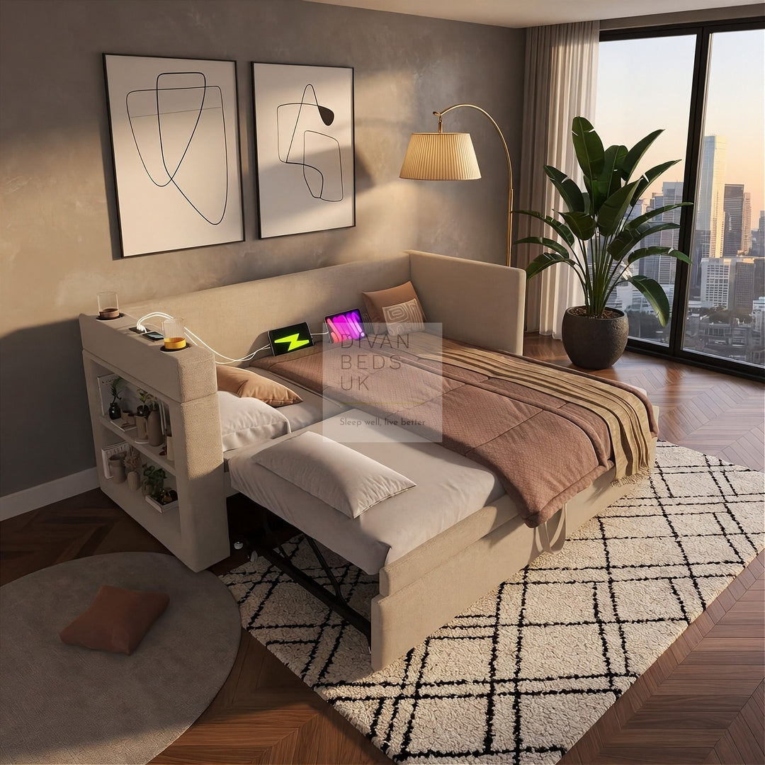 Laylani Beige Linen Smart Daybed Sofa Bed with Shelves Storage, USB & Type C Charging Station & Trundle