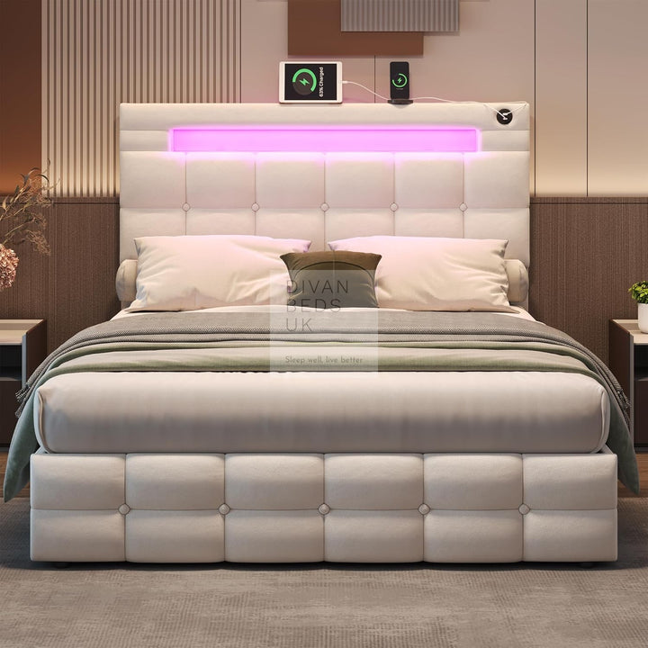 Campania LED Beige Ottoman Storage Bed with Bluetooth Speakers, USB & Type-C Ports - Copy