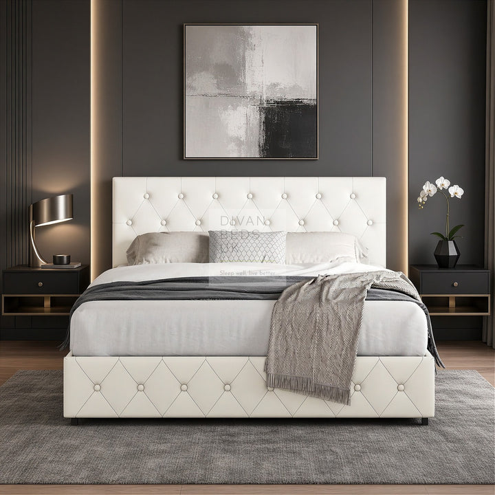 Emma Cream Leather 2 Drawer Buttoned Bed Frame