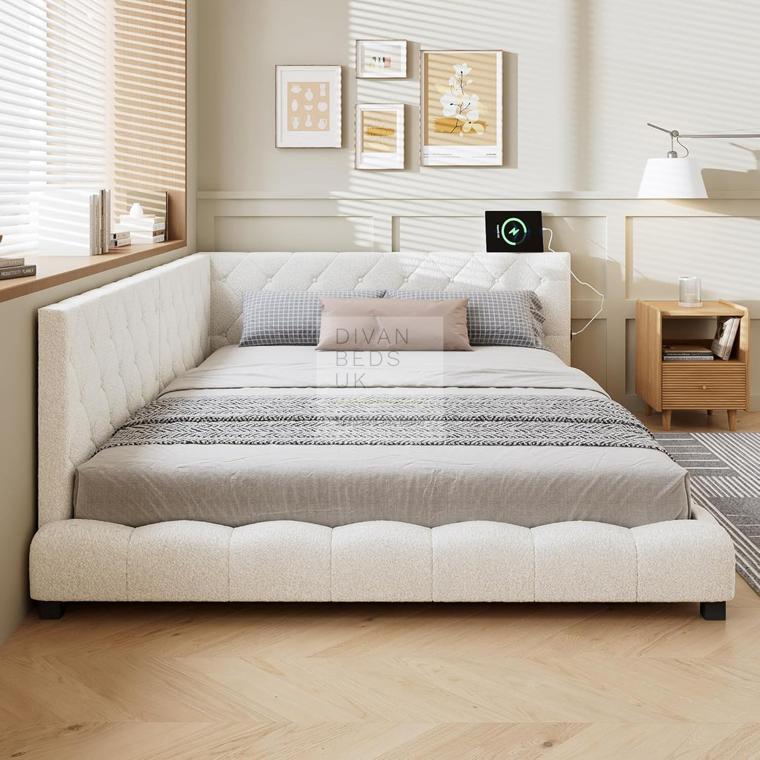 Imani Soft Boucle Beige Fabric Low Smart Sofa Bed with USB & Type C Charging Station