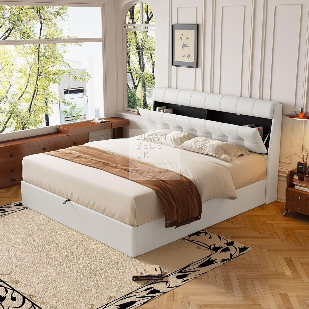 Carmine White Leather Ottoman Storage Bed with Headboard Storage