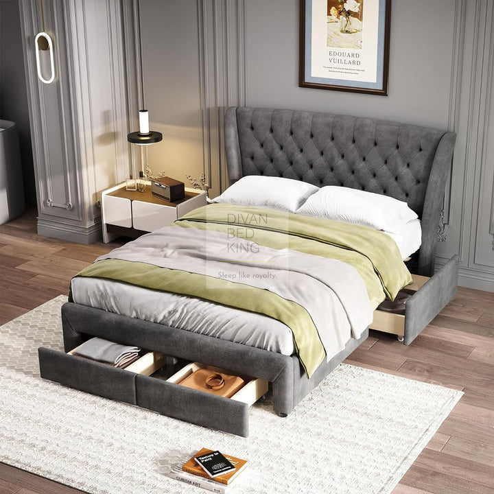 Cipriana Soft Grey Velour Upholstered Wingback Bed with 4 Drawers